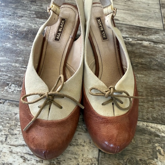 Vintage All black tan brown leather round toe sling back low heels (39.5) - Picture 5 of 8